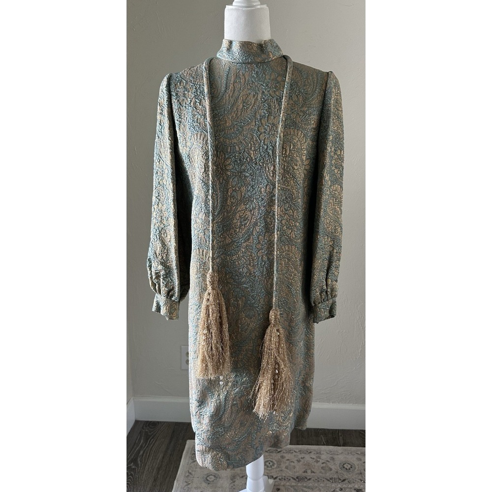 Vintage Margaret Morse‎ Brocade Long Sleeve Metallic Green Dress w/ Tassel